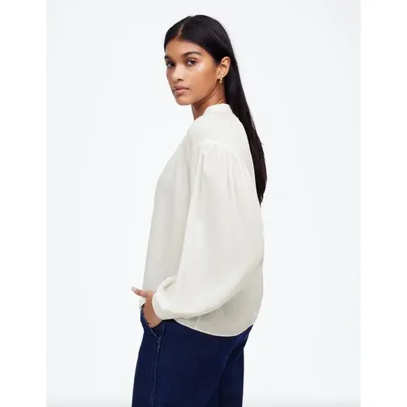 Madewell Shirred Long Sleeve Top Blouse Silk Lightweight Winter White Medium NWT - Picture 2 of 16